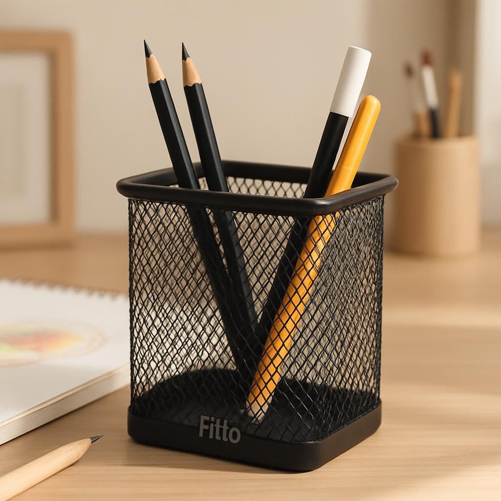 Square Pen Holder 10x8cm Black Desk Organizer for Office & Home