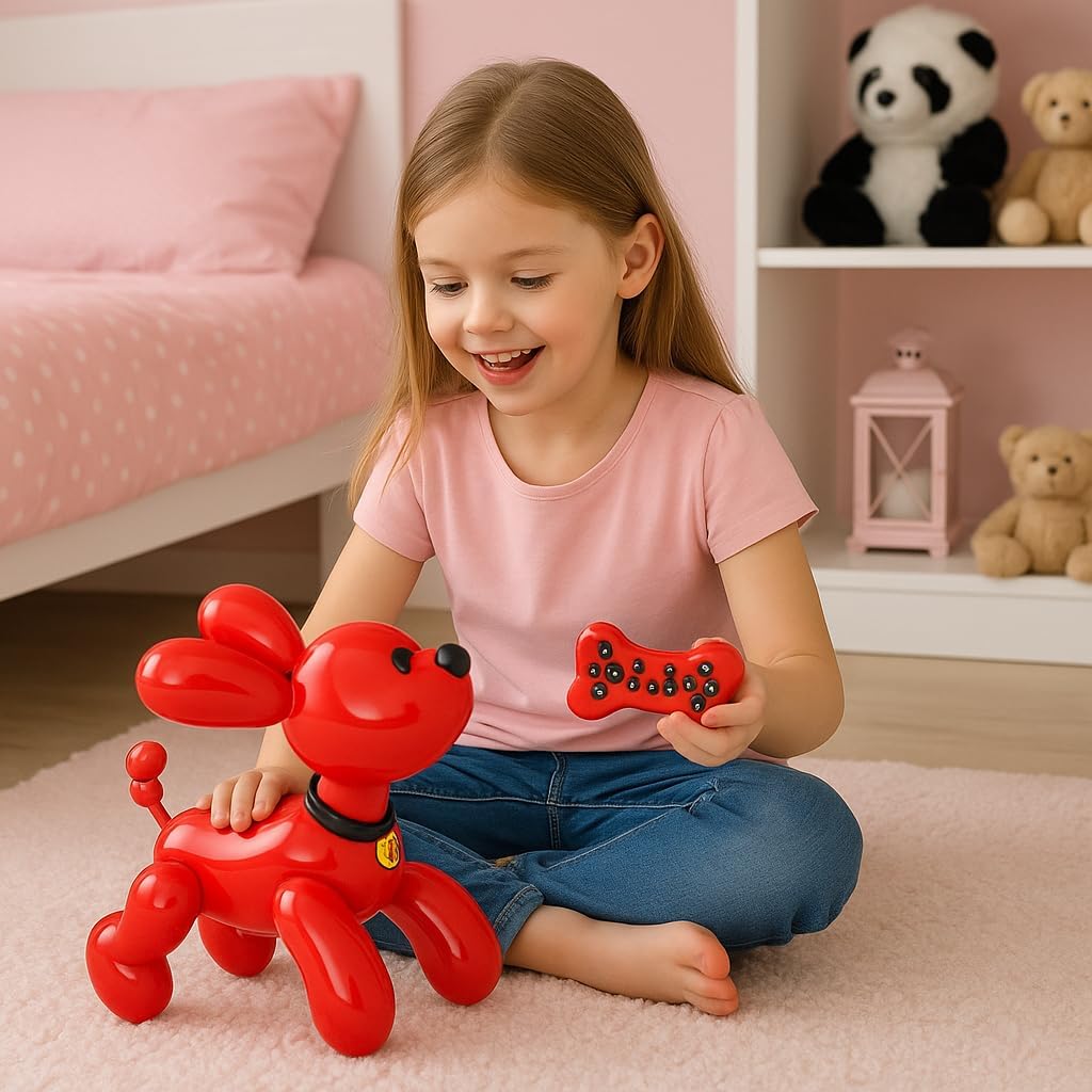 Interactive Remote Control Balloon Dog Toy - Rechargeable, Music, Dancing & Stunt Capabilities, Red