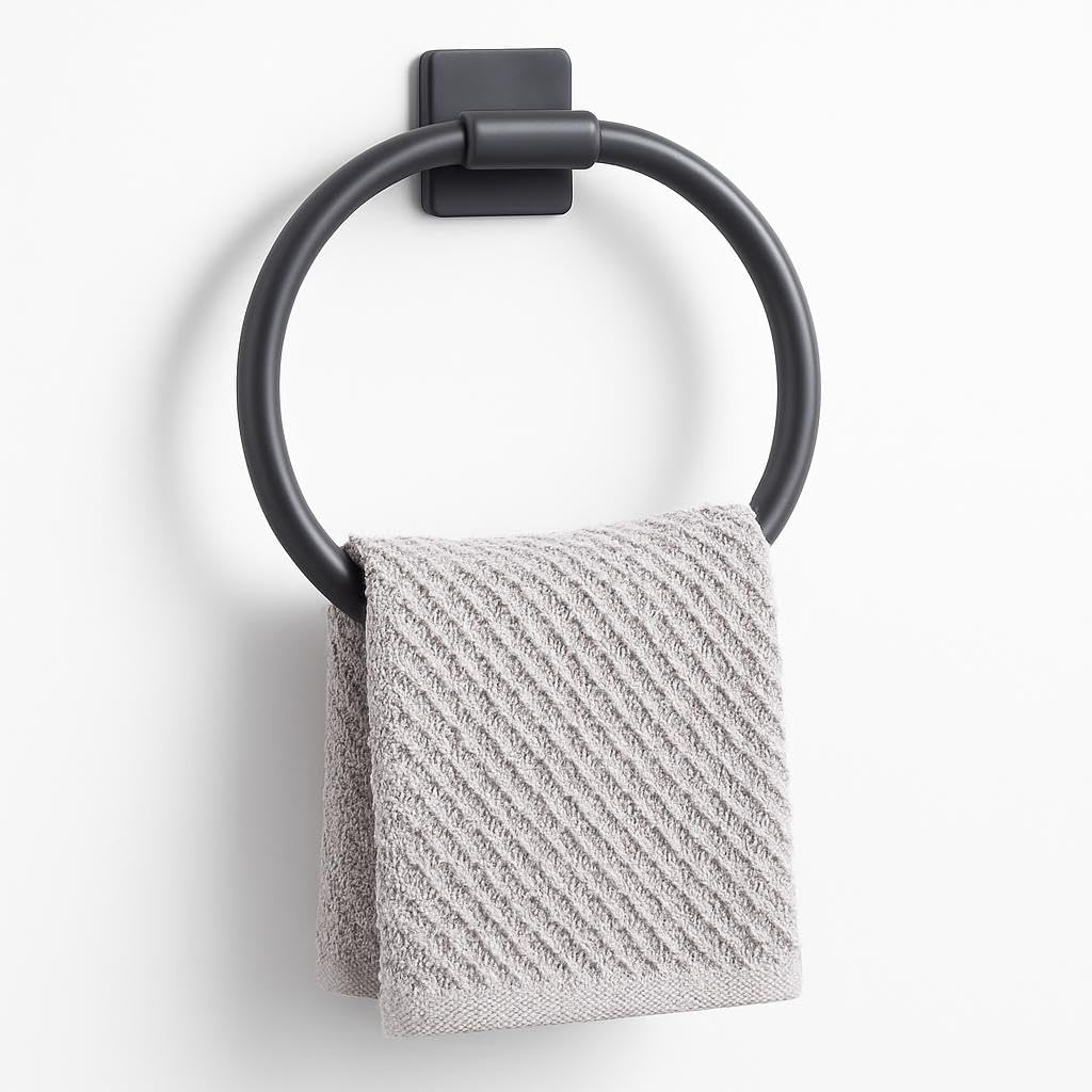 Wall Mounted Self Adhesive Towel Holder No Drill – Round Design in Gun Grey – Durable ABS Material
