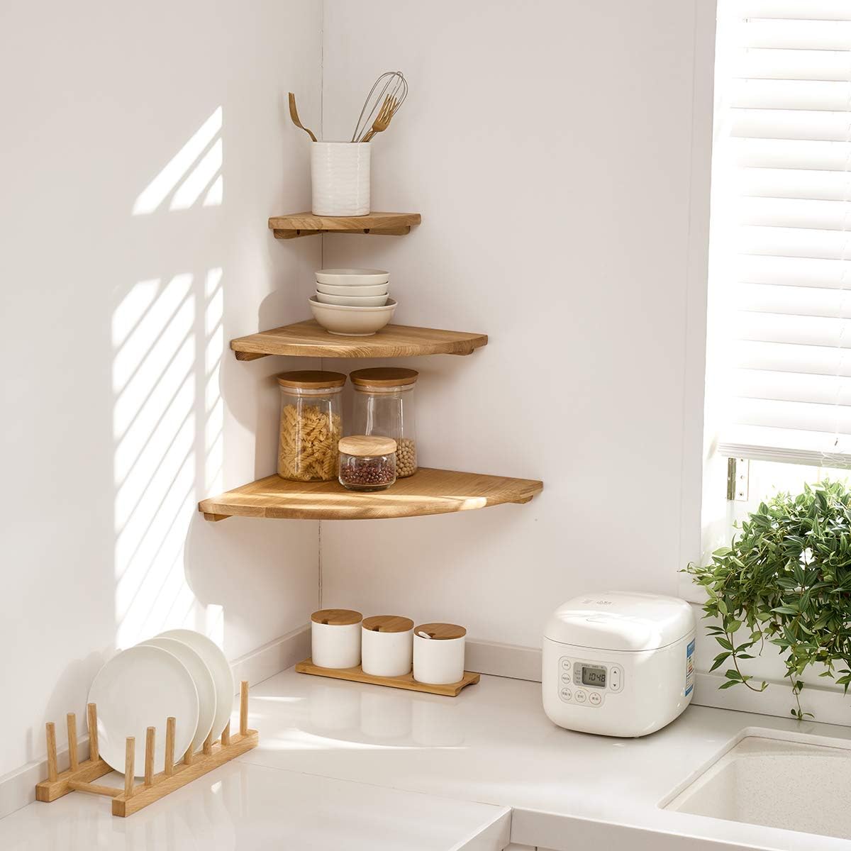 BEUGAWHOO Corner Shelf Wall Mount, 7inch, Oak Wood, Floating, Round End, Small Corner Nightstand, Plant Stand, For Kitchen Living Room Bedroom