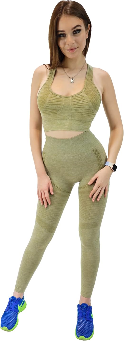 Fitto 2 Pieces Focus Set - High Waisted Leggings with Sports Round neck Bra Shoulder Strap Bra Workout Gym Yoga Sleeveless Outfit for Women (Medium, Green)