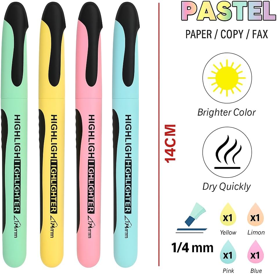 1/4mm Highlighter - 14cm Assorted Colors, 4 Pieces