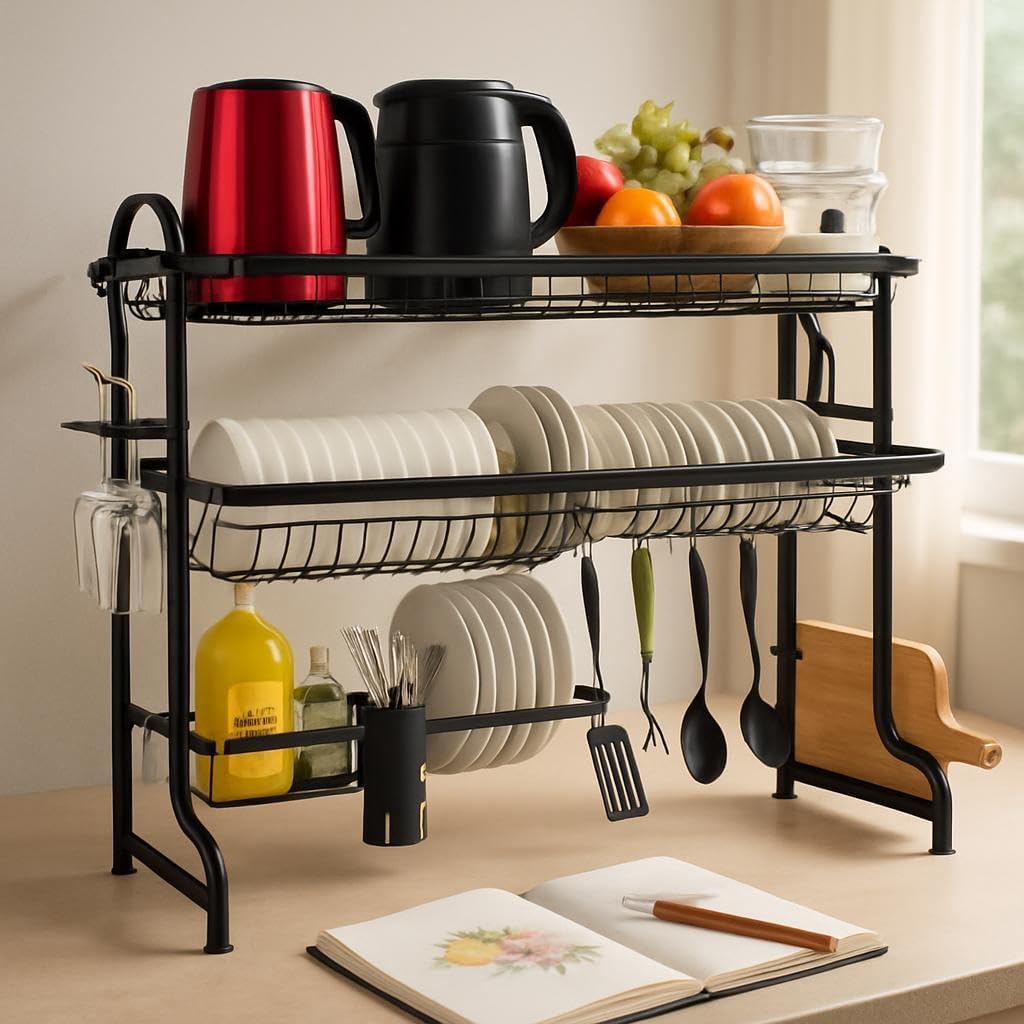 Stainless Steel 3-Tier Dish Drying Rack, Dish Drainer Tray Holder for Plates, Bowls, Cups, and Utensils, Durable Kitchen Organizer with Anti-Rust Finish