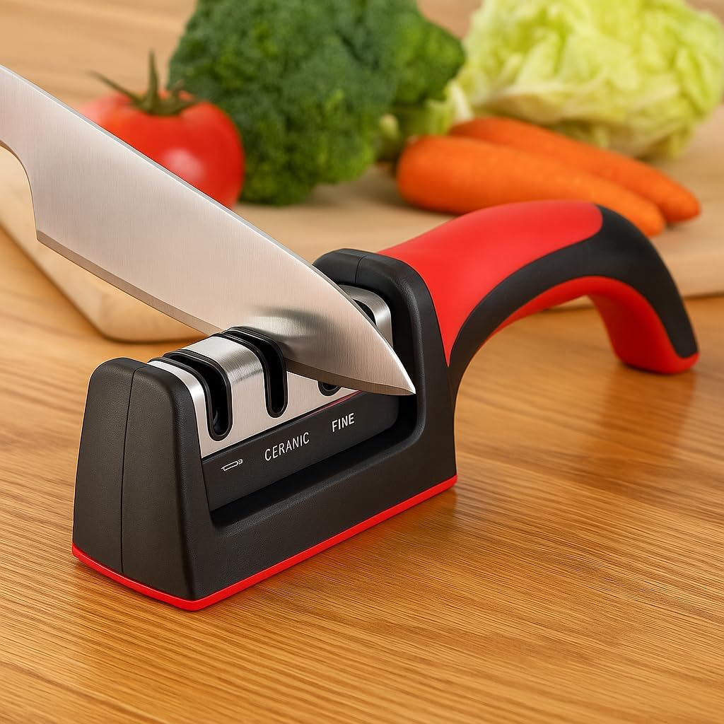 Knife and Scissor Sharpeners, 3 Stage, 3-in-1, Non-Slip Grip, For Knives, Red