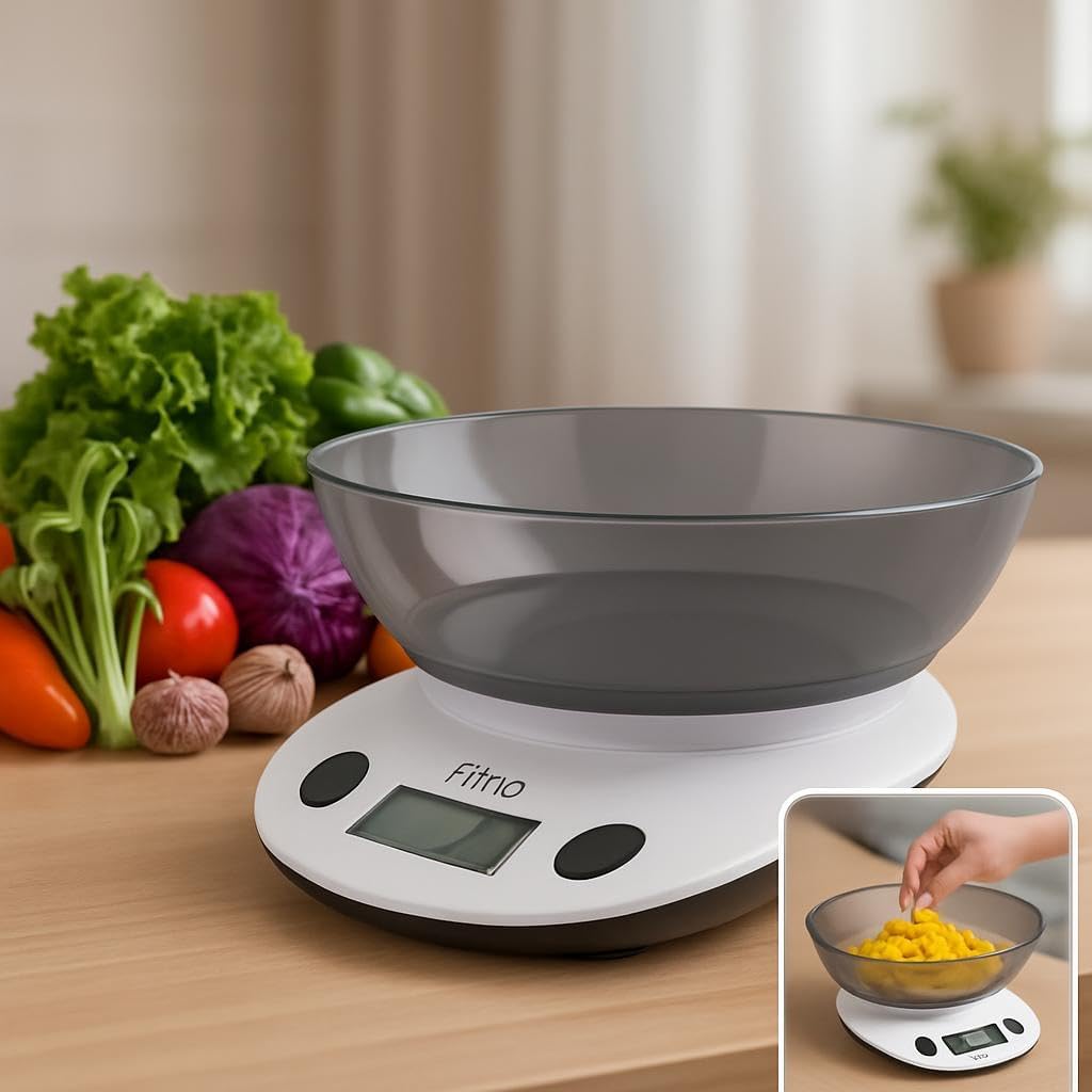 Electronic Kitchen Scale with Bowl, Battery Operated, White