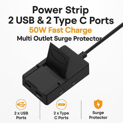 Power Strip with 2 USB & 2 Type C Ports 50W Fast Charge Multi Outlet Surge Protector