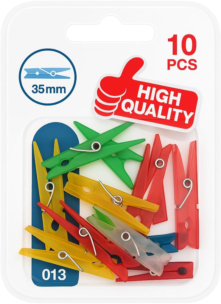 10 Piece Clothespins with Spring, 35mm, Assorted Colors
