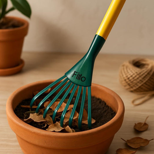 Small Garden Rake with Green Head and Yellow Handle, 9 Tines for Raking Leaves and Soil