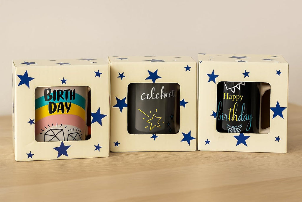96 Pieces White Ceramic Mugs with Happy Birthday Print and Colorful Diamond Design