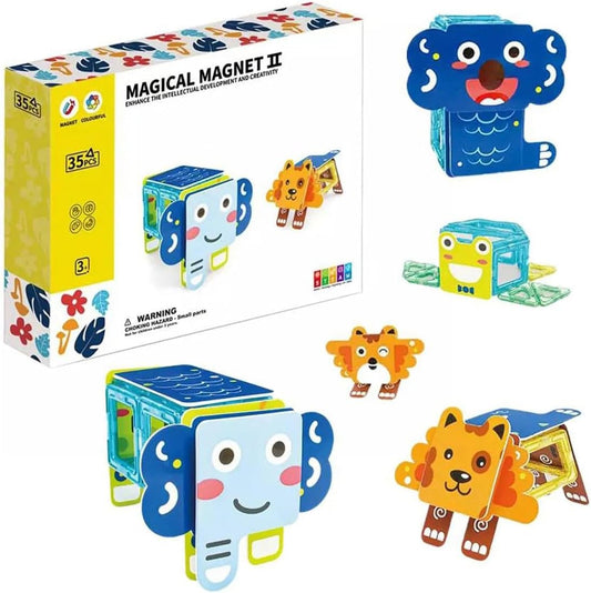 Stem Animals Magnetic Tiles Building Blocks Set 35 Pieces With Dog, Cat, Elephant, Fox, And Frog Formations