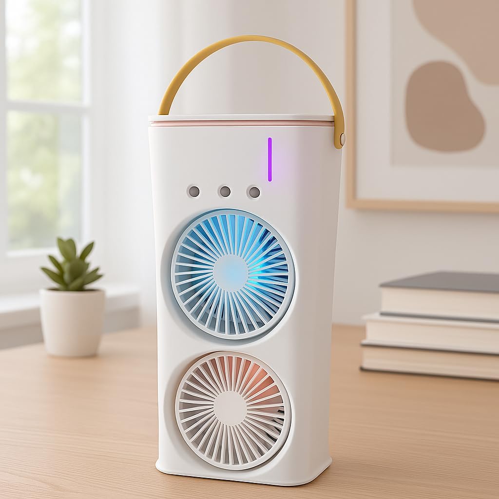 Portable Air Cooler with Humidifying Fan - Mini AC Unit, 3 Speeds, 7 LED Lights, USB Powered, Compact & Quiet for Office, Bedroom, Dorm, Outdoor Use - Evaporative Air Cooler for Personal Cooling