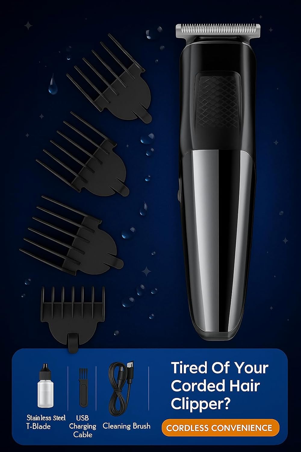 Electric Hair Clipper, USB Rechargeable, Low Noise, Professional, Cordless, For Men