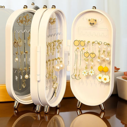 Multilayer Jewelry Storage Box – Dustproof Organizer for Earrings, Rings, Necklaces with Mirror Display Case for Women, Compact and Elegant Design