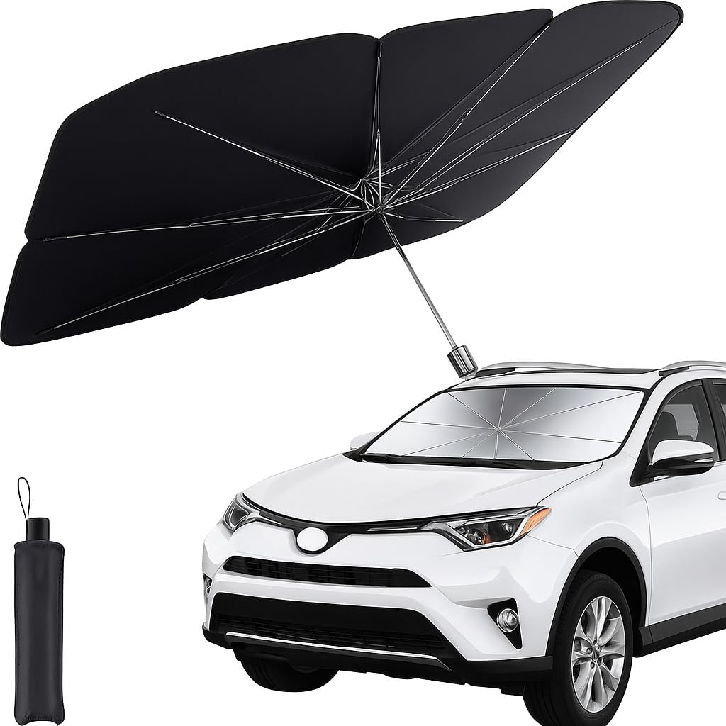 Car Windshield Sun Shade – UV Rays Protector, Foldable Reflector Umbrella Shield, Premium Heat Protection, Easy to Fold, Compact Design, Fits Most Vehicles