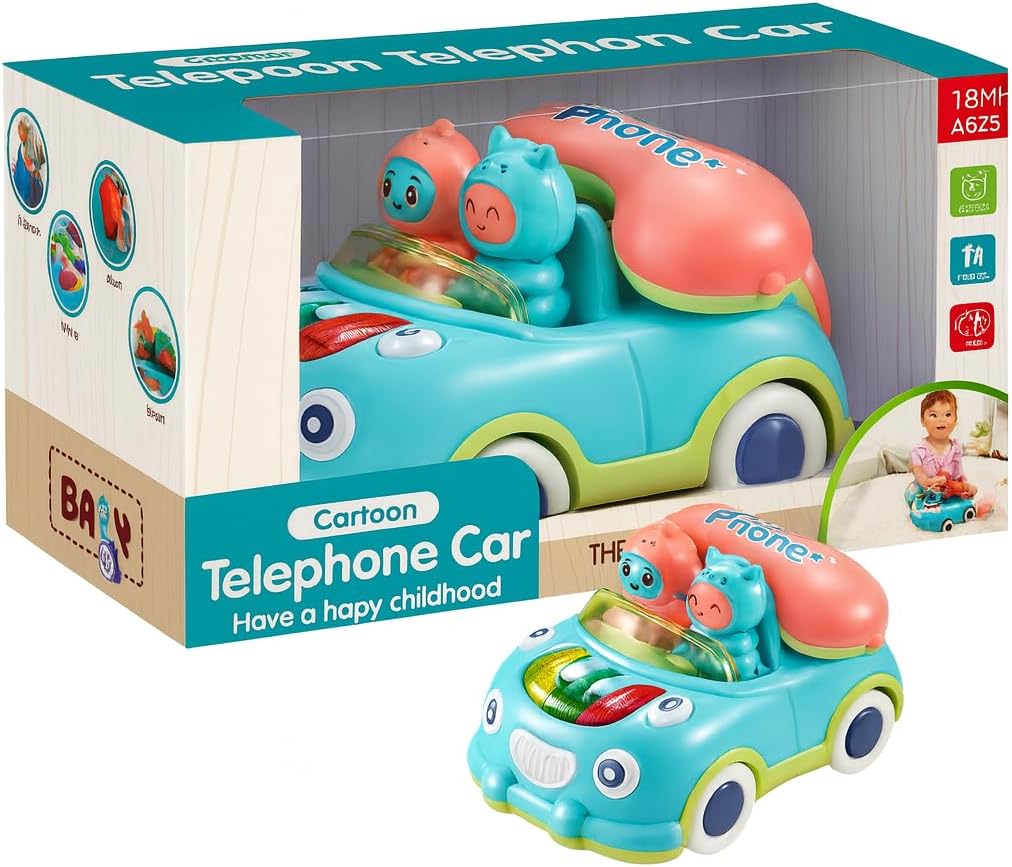 72 Pieces Toddler Toy Phones (Baby Musical Piano with Light and Music Pull On Car Theme with Wheels – Blue)