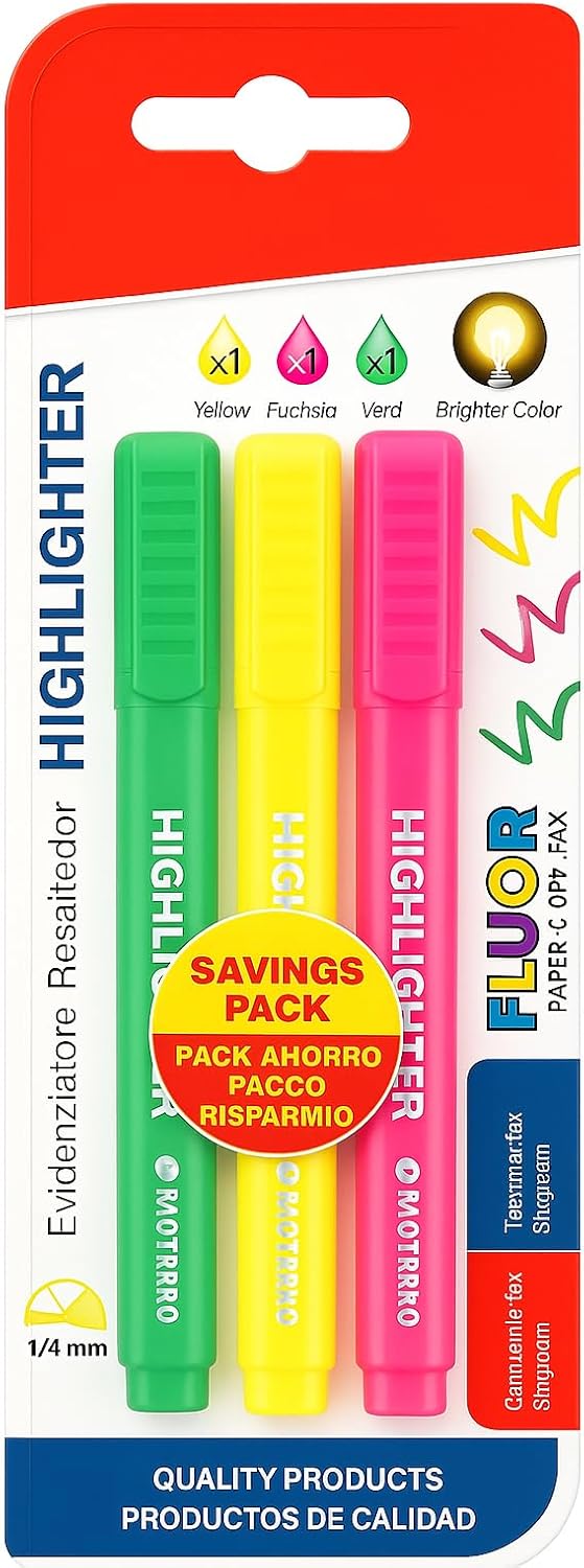 Highlighter Set 3 Pieces 13.4 cm 1/4 mm Tip for Office and School Supplies