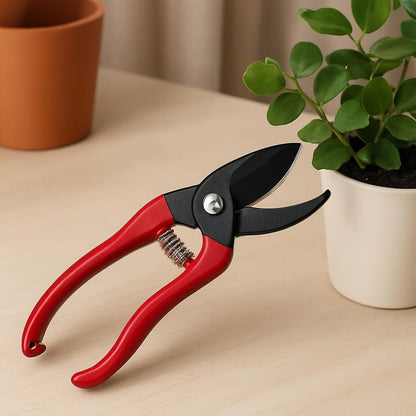 Red-Handled Pruning Shears with Spring Mechanism for Easy Plant Cutting
