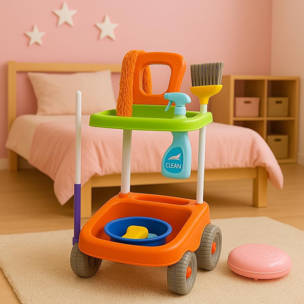Kids Pretend Play Cleaning Set - Housekeeping Simulation Toy With Cleaning Cart, Robot Vacuum Cleaner, Broom, Dustpan, Brush, And Accessories