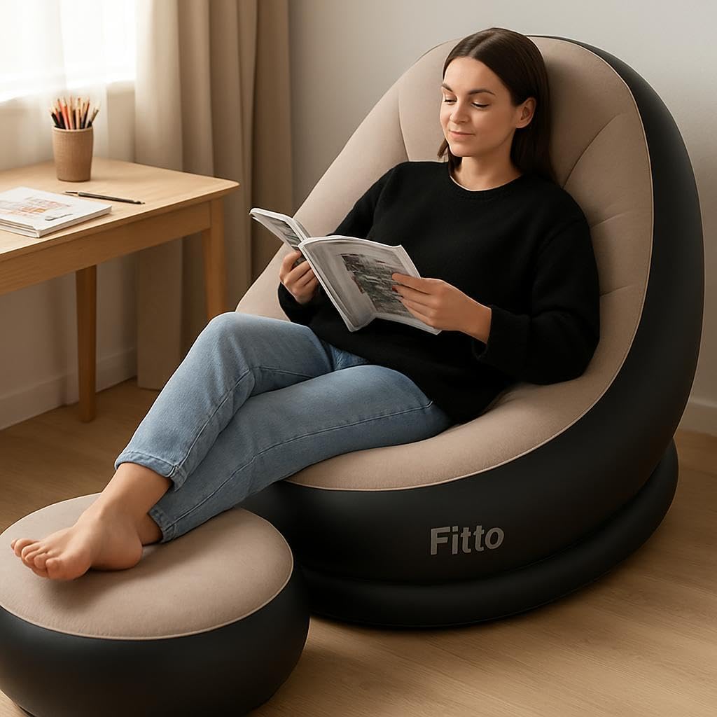 48 Pieces Thickened Flocking Inflatable Sofa & Footstool Sets (Portable Lazy Sofa Bed with Air Cushion Recliner – Foldable PVC Material – Brown – Maximum Load 100kg)
