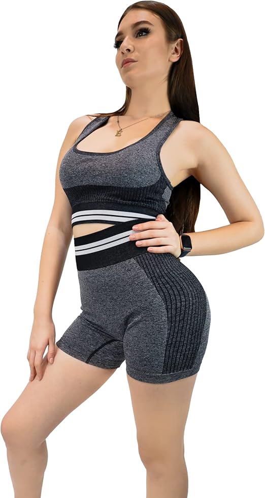 Fitto 2 Pieces Core Set - High Waisted Shorts with Sports Round neck Bra Shoulder Strap Workout Gym Yoga Sleeveless Outfit for Women (Medium, Black)