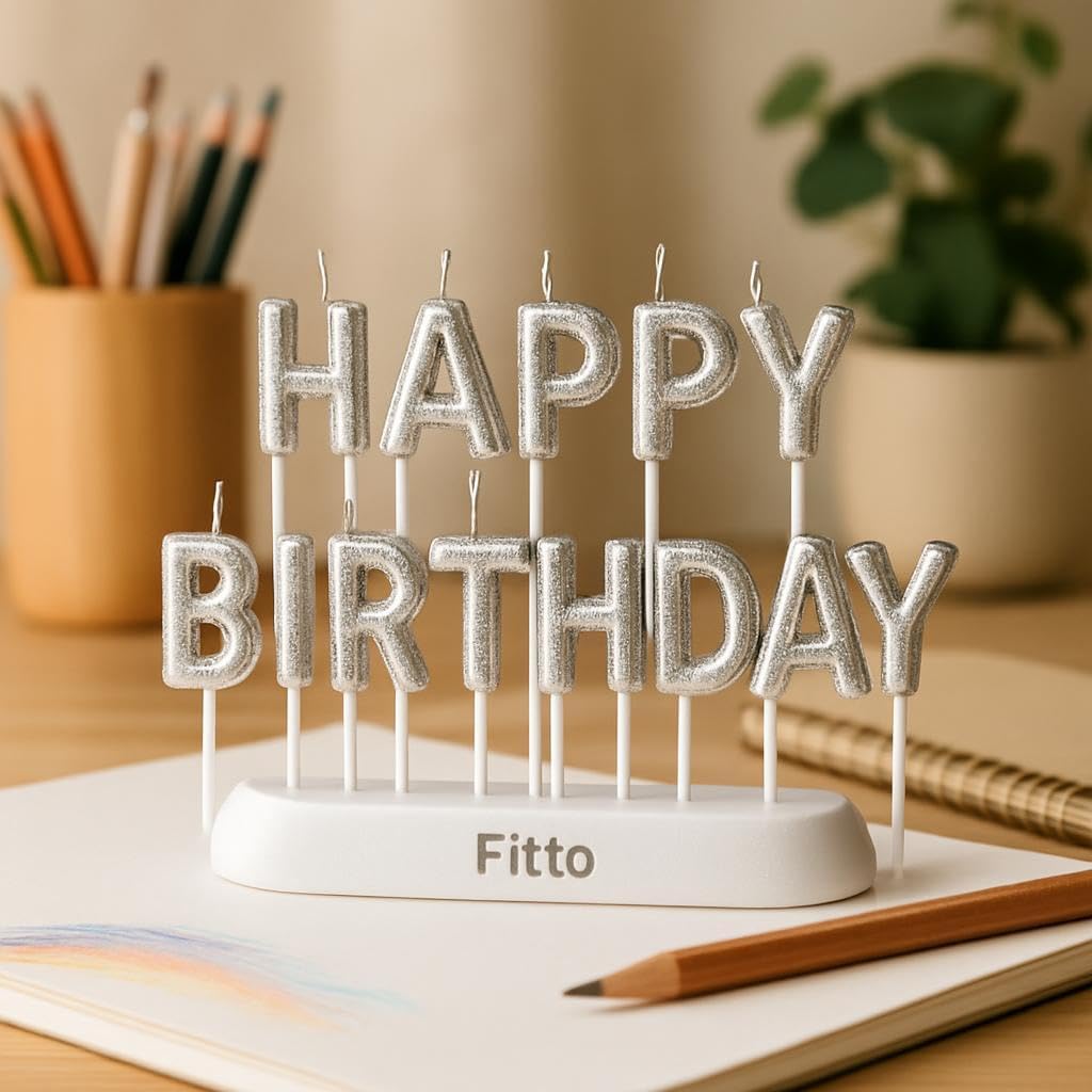 120 Pieces Silver Happy Birthday Candle Cake Toppers with glitters (Birthday Party Decoration – Cake Candle Holder – Silver Cake Accent)