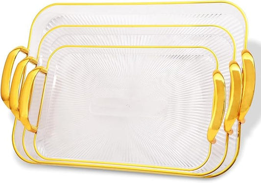 FITTO Clear Acrylic Serving Tray Set with Handles - Stylish Home and Office Decor in Gold, Perfect for Entertaining, Organizing, and Serving