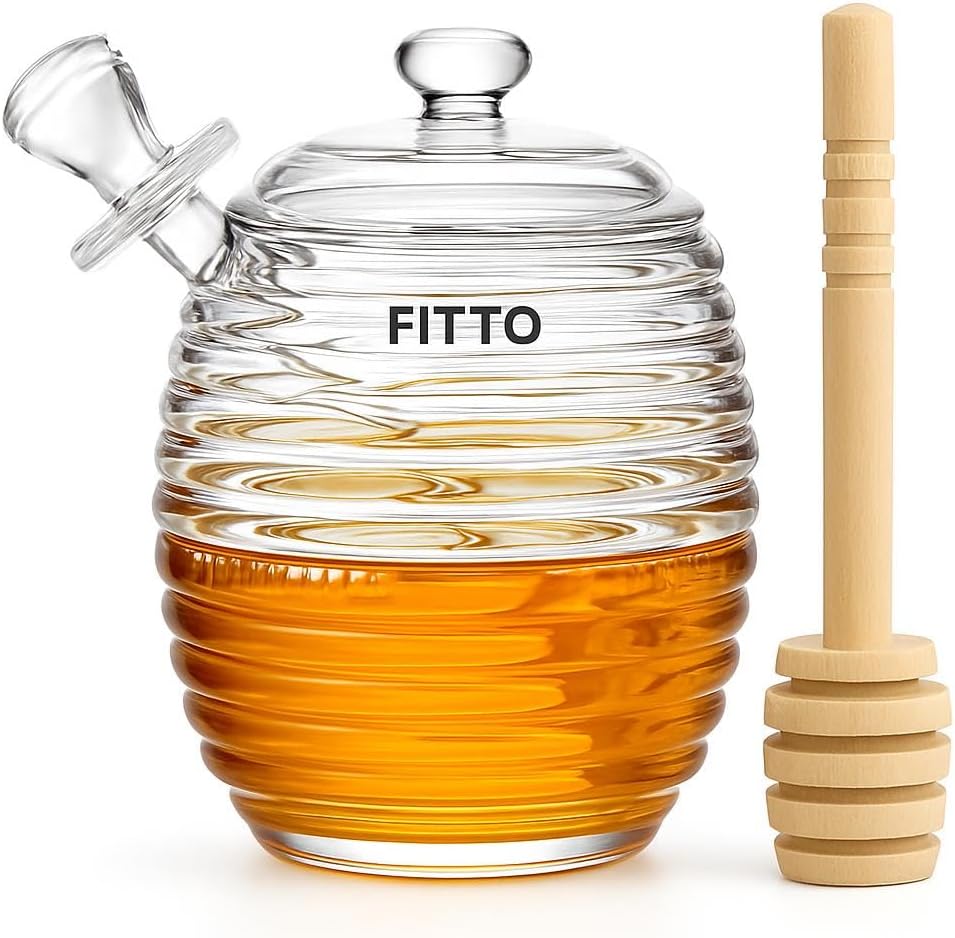 Transparent Honey Dispenser – 9oz Honey Jar with Wooden Dipper, Clear Acrylic Pot for Syrup, Easy to Clean, Stylish Honey Storage
