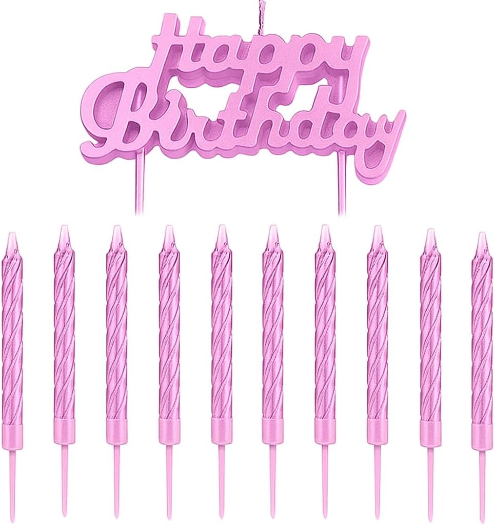 Pink Birthday Cake Candles Set – 10 Spiral Candles & Happy Birthday Cake Topper for Kids Parties, Decoration, and Birthday Celebration