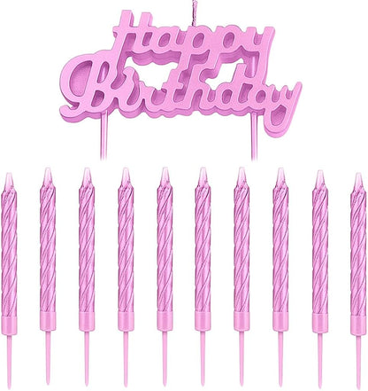 Pink Birthday Cake Candles Set – 10 Spiral Candles & Happy Birthday Cake Topper for Kids Parties, Decoration, and Birthday Celebration
