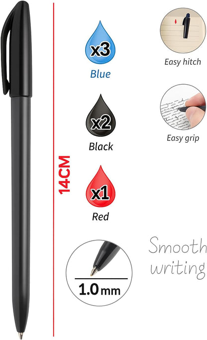 6 pieces 1.0mm Smooth Ball Point Pens 14cm Assorted Color