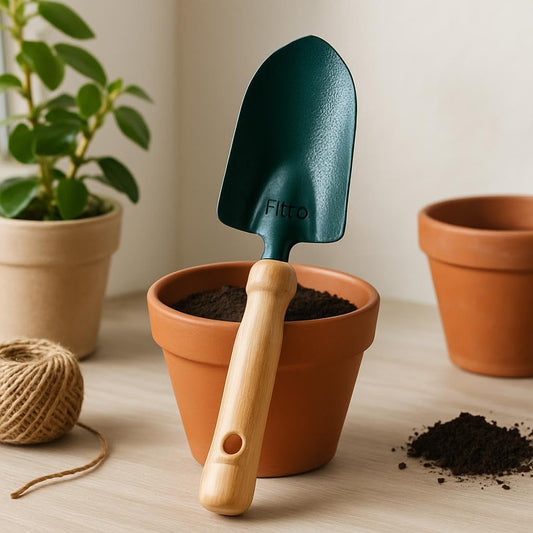 Garden Trowel with Green Metal Blade and Wooden Handle for Digging and Planting