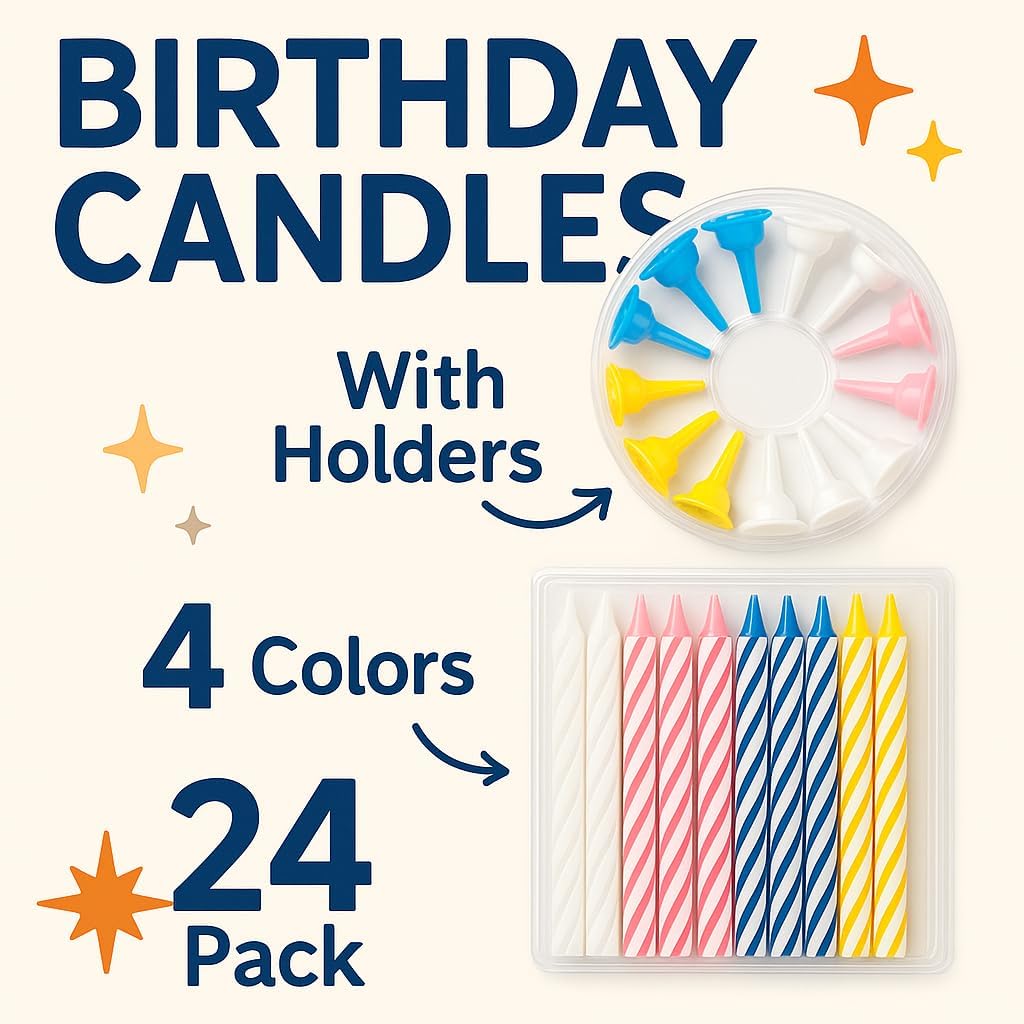 Birthday Candles 24 pcs + 12 Holders | Numeric Cake Candles & Holders for Birthday Party, Celebration, Party Supplies