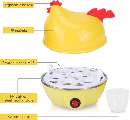 Hen-Shaped Yellow Egg Cooker - 7 Egg Capacity, Fast Electric Boiler for Hard, Soft, and Medium Eggs, Compact and Portable, Easy to Clean, Automatic Shutoff