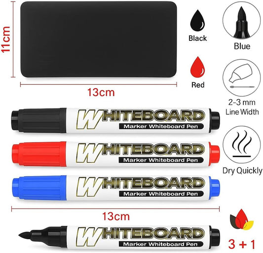4 Pieces 13cm White Board Marker with 11cm Eraser - Assorted Colors