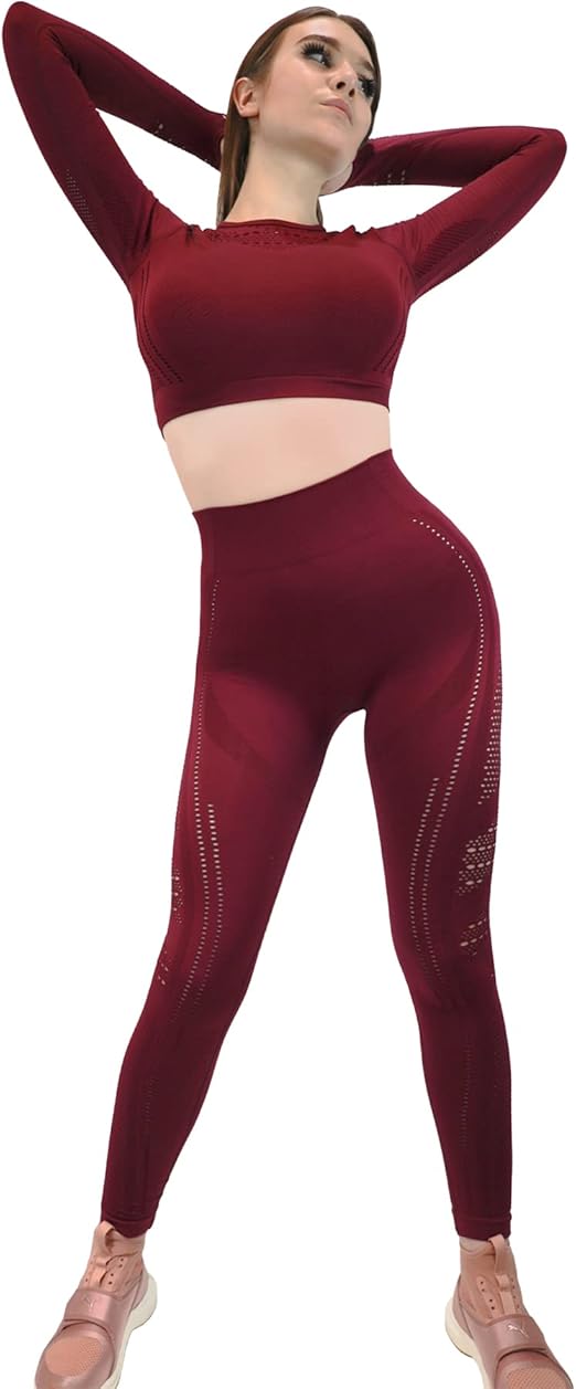 Fitto 2 Pieces Power Set - High Waisted Leggings with Cropped Long Sleeves Top with Thumb holes Workout Gym Yoga Mesh Outfit for Women (Medium, Red)