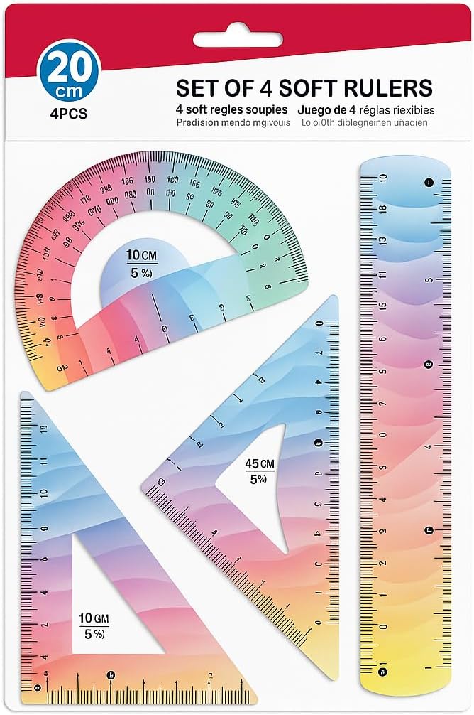 96 Pieces Set of Soft Rulers 4 PC -s (20 CM Scale – Protractor – Triangle – Ruler for School and Office Supplies)