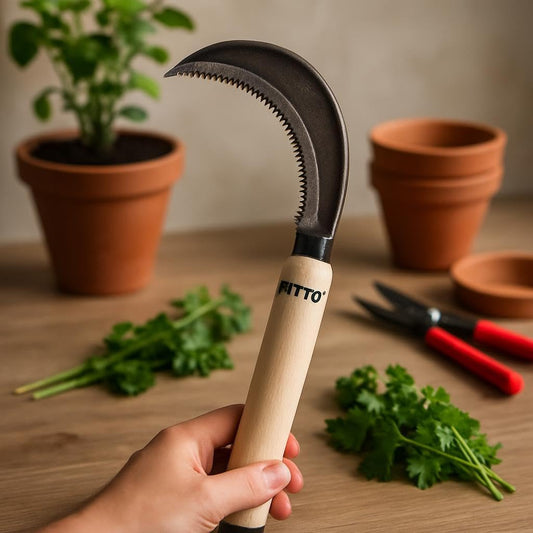 Curved Gardening Tool with Serrated Blade and Wooden Handle