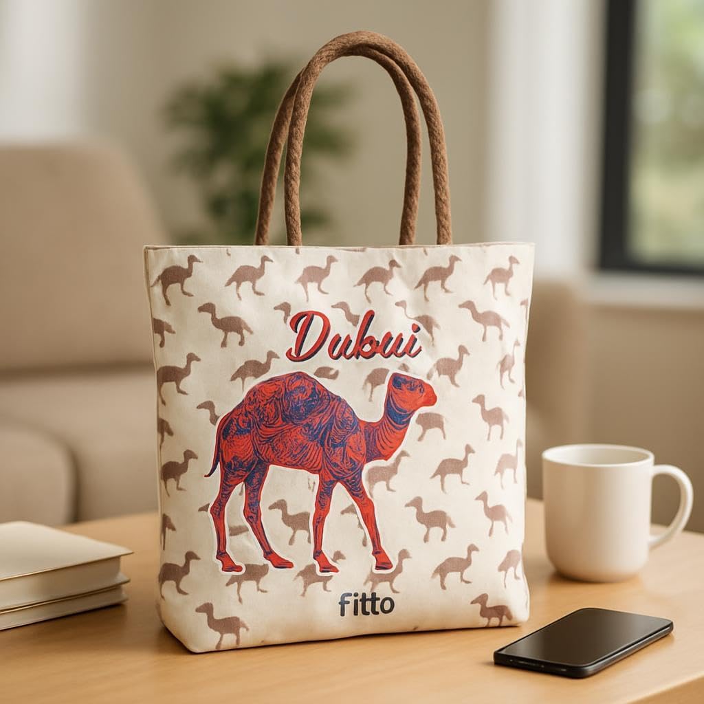 96 Pieces Dubai Camel Canvas Printed Tote Bags (Durable – Eco-Friendly – White)