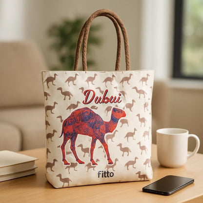 Dubai Camel Canvas Printed Tote Bag – Durable, Eco-Friendly, White