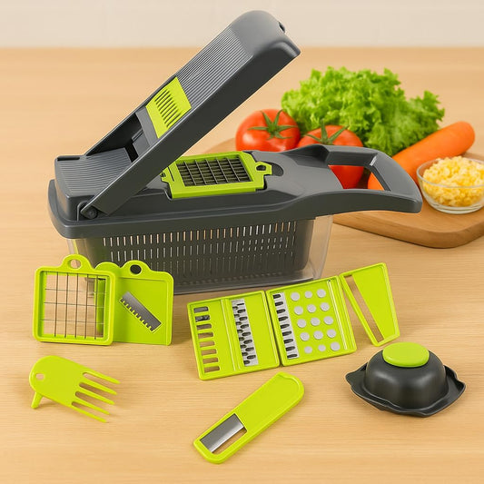 Vegetable Chopper - Multi-Functional Manual Food Chopper with 5 Blades, 12-in-1 Mandoline Slicer and Dicer Set, BPA-Free, Ideal for Onions, Garlic, Fruits & More - Kitchen Essential