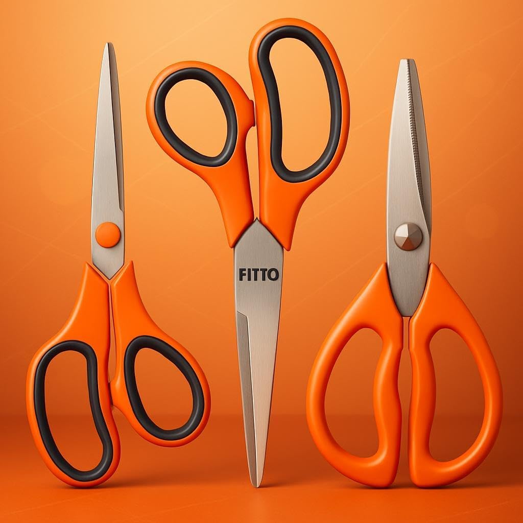 3-Piece All-Purpose Scissors Set – Includes 2 Comfort-Grip 8" Scissors for Office & Home Use + 1 Kitchen Scissor for Food Prep – Durable, Sharp, Right/Left-Handed – Orange