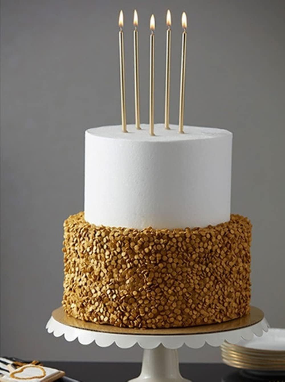 6Pcs Long Thin Birthday Cake Candles with Stand - Gold, Celebration Party Candle, Housewarming, Anniversary Candle for Cakes, 13cm