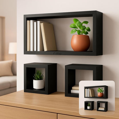 Flt Wall Shelves Cuboid 3Pcs Set, Black for Home and Office Storage