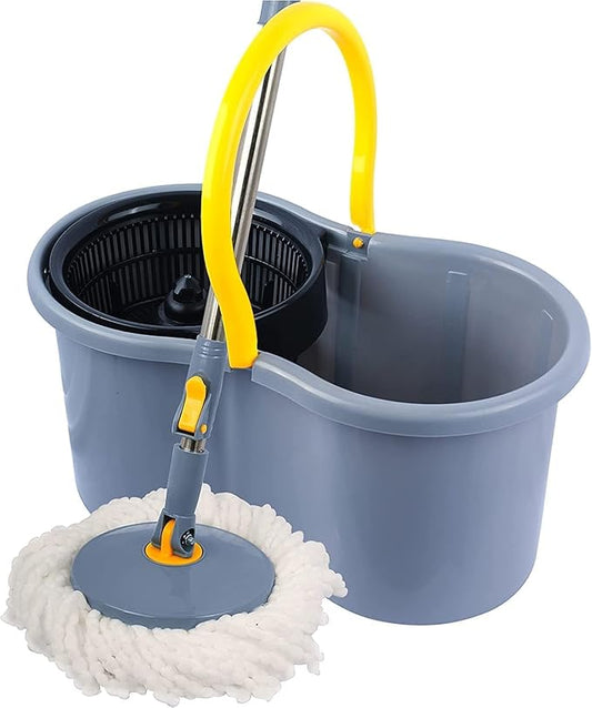 FITTO Grey 360° Spin Bucket Mop Set with 4 Easy Wheels - Adjustable Telescopic Handle, Durable Microfiber Mop Heads, Includes Extra Refill for Effortless Home Cleaning