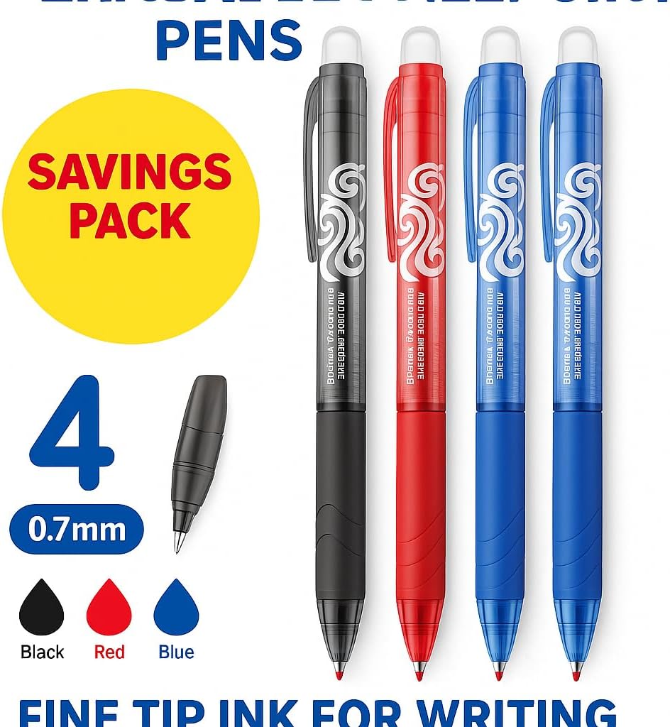 4 Pieces 0.7mm Erasable Ball Point Pens, 14.5cm, Fine Tip Ink for Writing