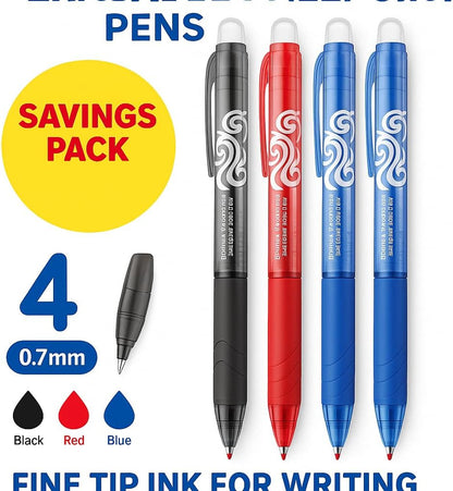4 Pieces 0.7mm Erasable Ball Point Pens, 14.5cm, Fine Tip Ink for Writing