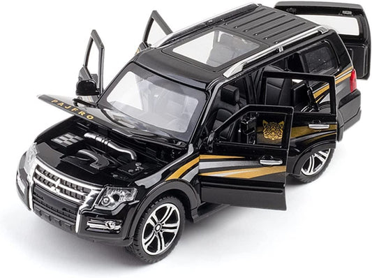 Fitto 1:32 Scale Mitsubishi Pajero SUV Metal Car Toy with Sound & Light for Children – Black, Die-cast Toy Car, Realistic Features, Durable, Perfect for Kids, Gift for Boys and Girls
