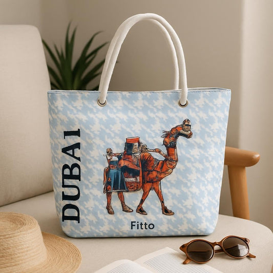 Dubai Camel Canvas Printed Tote Bag – Durable, Eco-Friendly, Blue