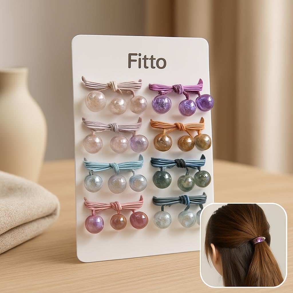 96 Pieces Ball Charm Hair Ties (Colored Camellia Bead Design – Pack of 12 – Assorted Colors)