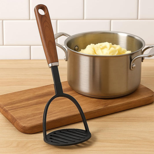 Bean Masher with Wood Look Handle – Durable Black Nylon Head, Soft Touch Grip, Non-Scratch for Enamel, Ceramic & Nonstick Cookware – Ideal for Everyday Use
